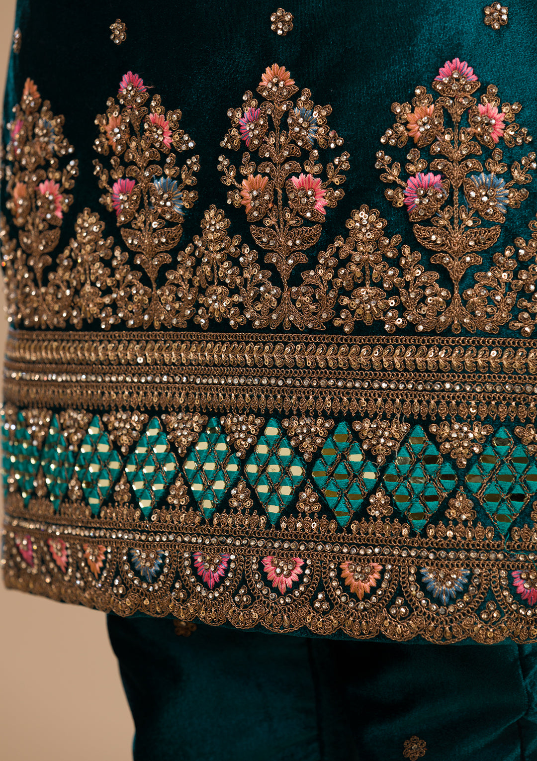 Peacock Blue Zariwork Velvet Readymade Salwar Kameez-Koskii