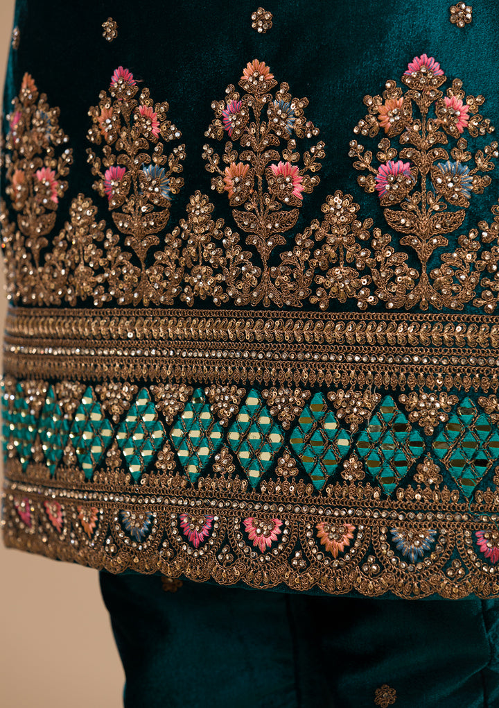 Peacock Blue Zariwork Velvet Readymade Salwar Kameez-Koskii