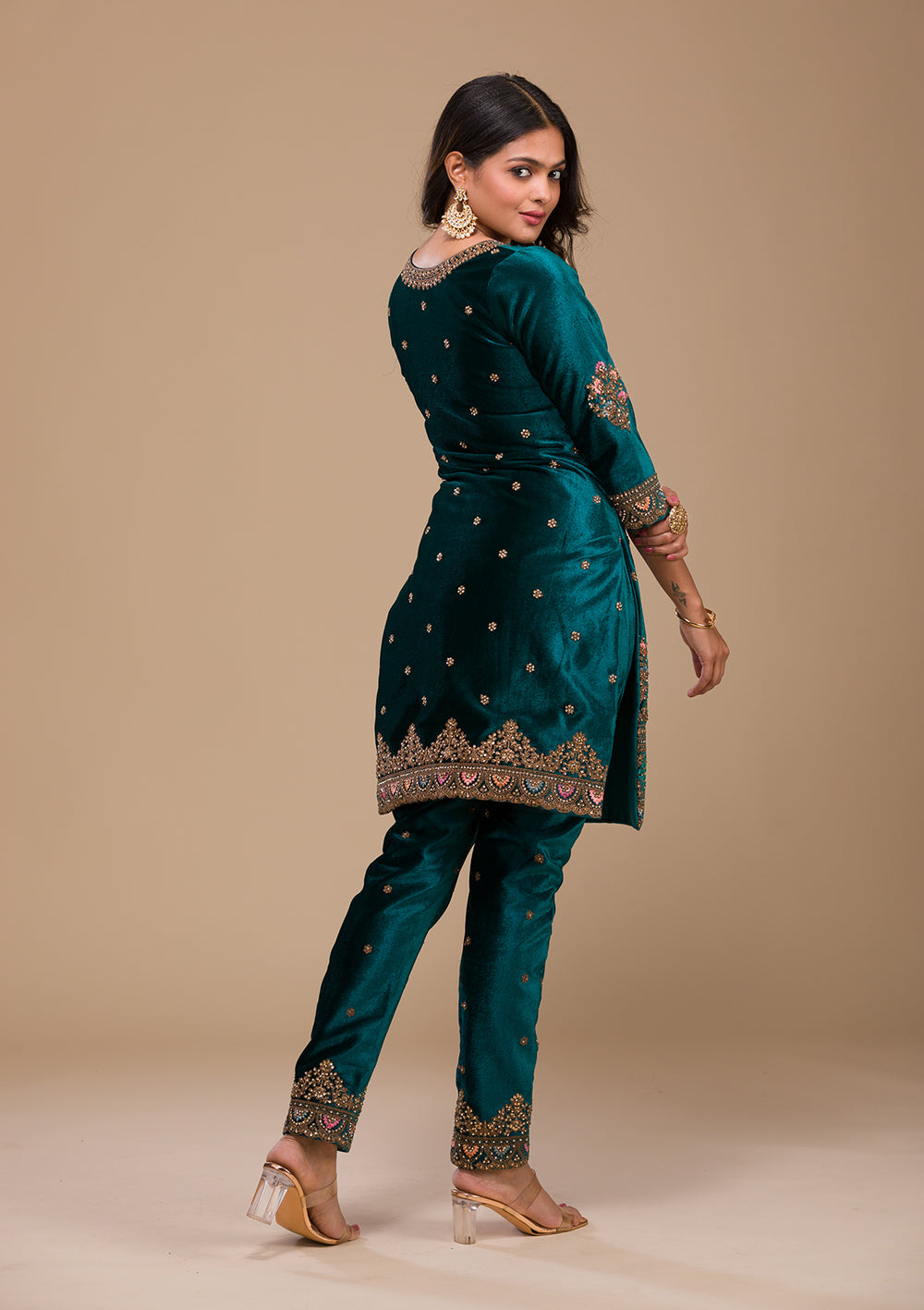 Peacock Blue Zariwork Velvet Readymade Salwar Kameez-Koskii