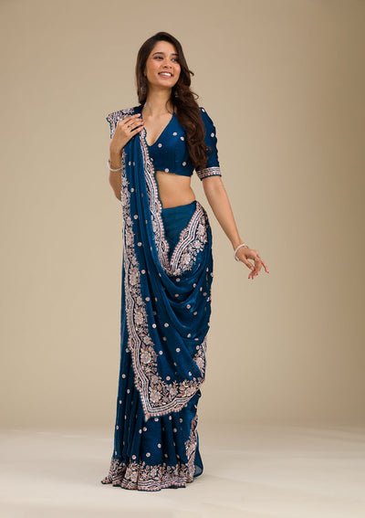 Peacock Blue Zariwork Velvet Saree-Koskii