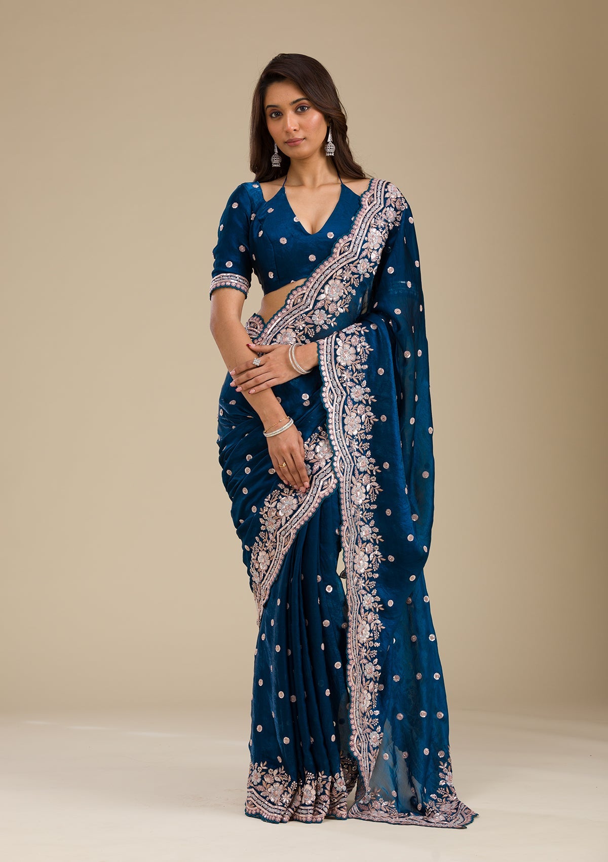 Peacock Blue Zariwork Velvet Saree-Koskii