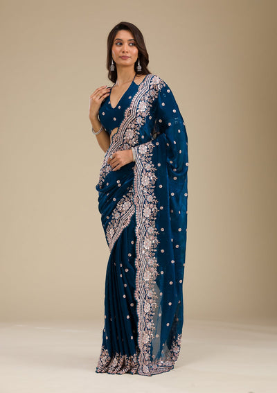 Peacock Blue Zariwork Velvet Saree-Koskii