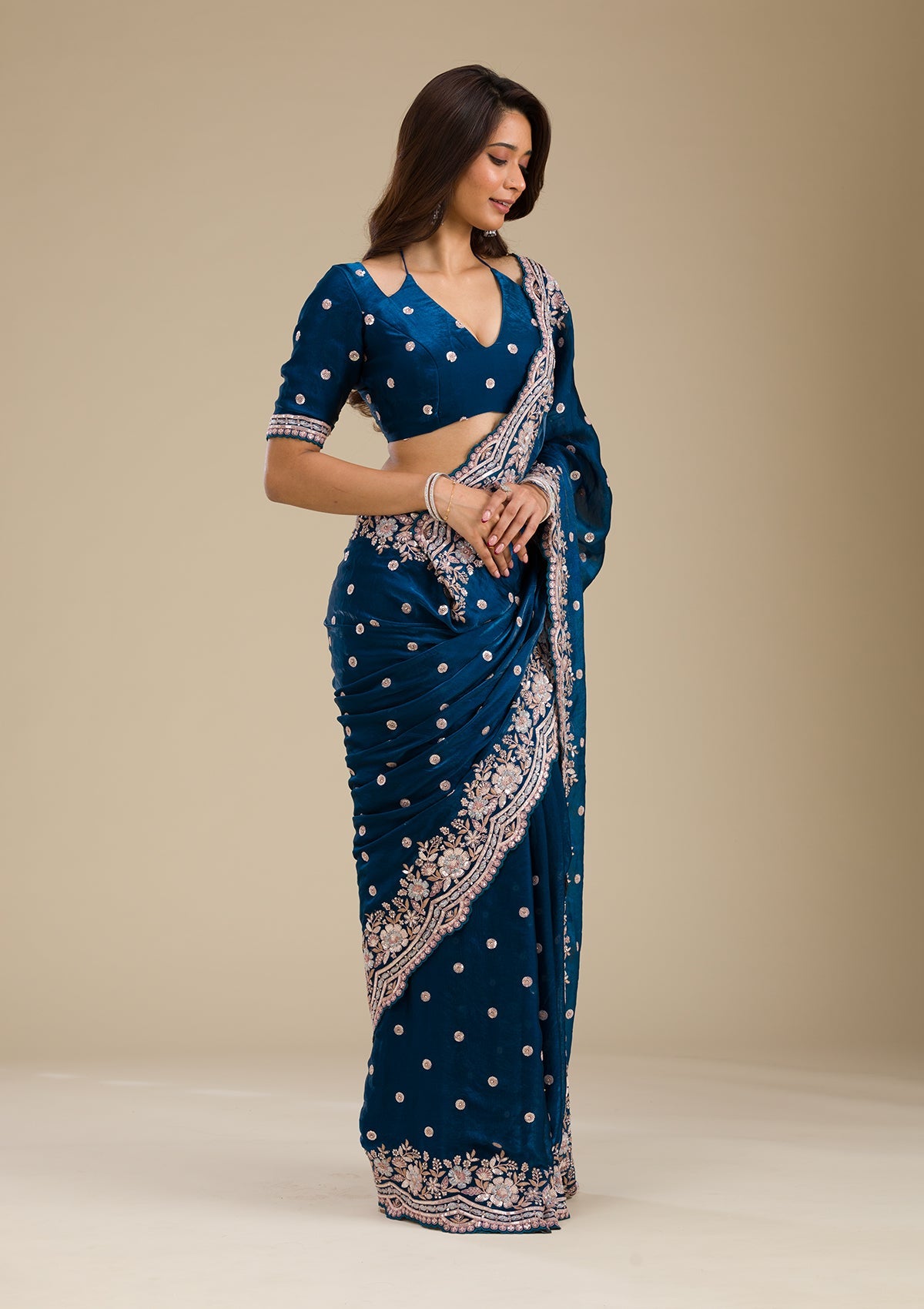 Peacock Blue Zariwork Velvet Saree-Koskii