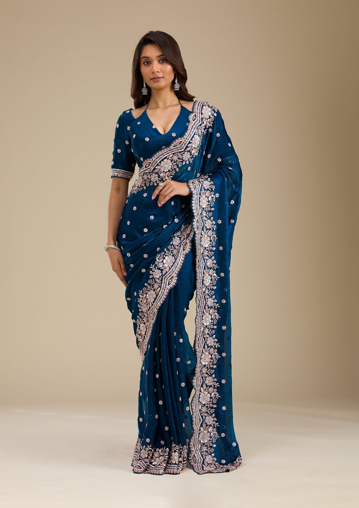 Peacock Blue Zariwork Velvet Saree-Koskii