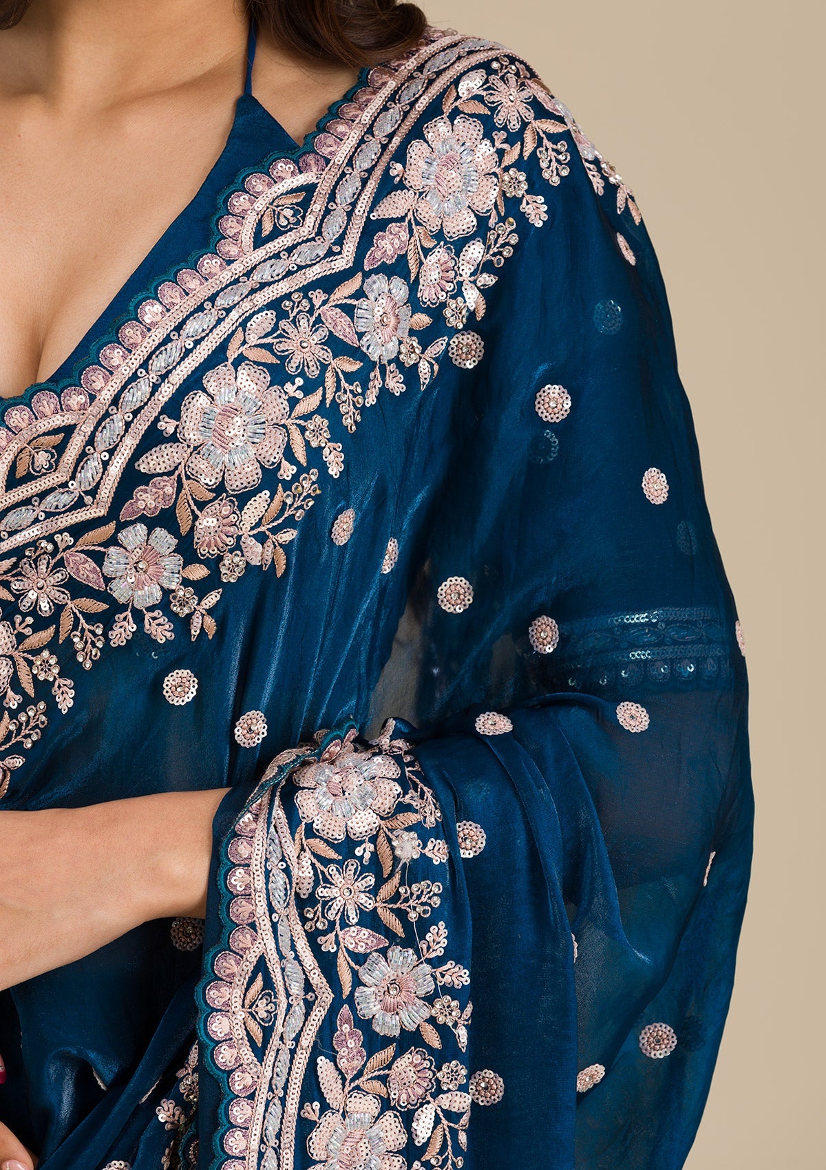 Peacock Blue Zariwork Velvet Saree-Koskii