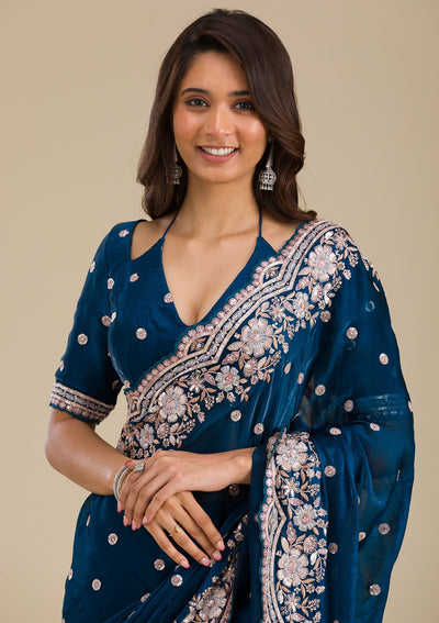 Peacock Blue Zariwork Velvet Saree-Koskii