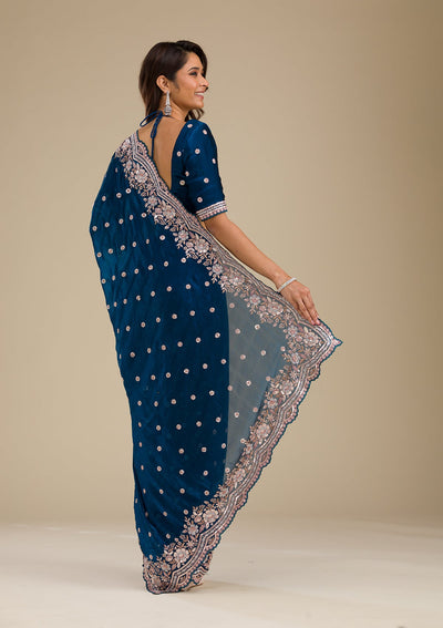 Peacock Blue Zariwork Velvet Saree-Koskii