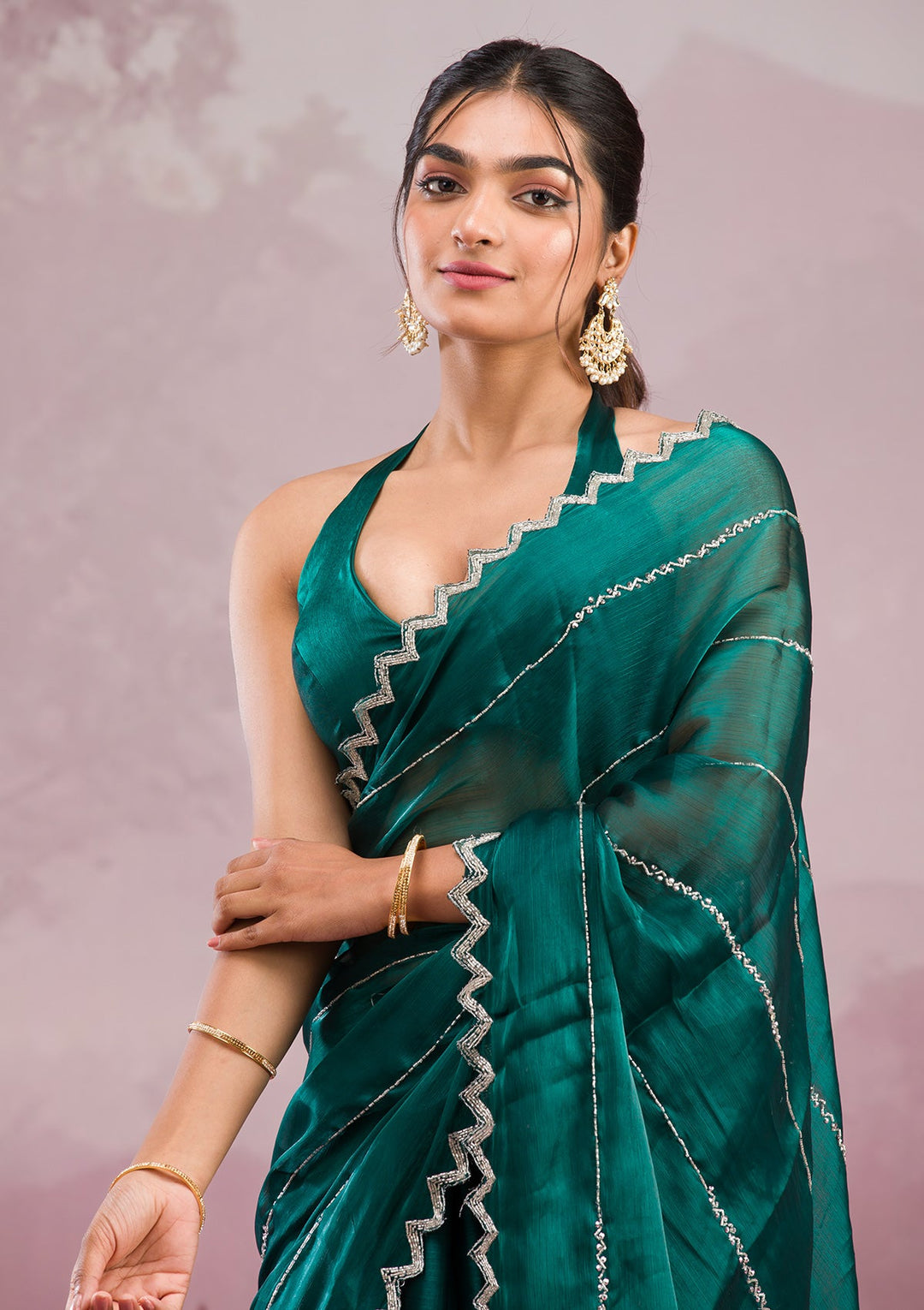 Peacock Green Cutdana Georgette Saree-Koskii