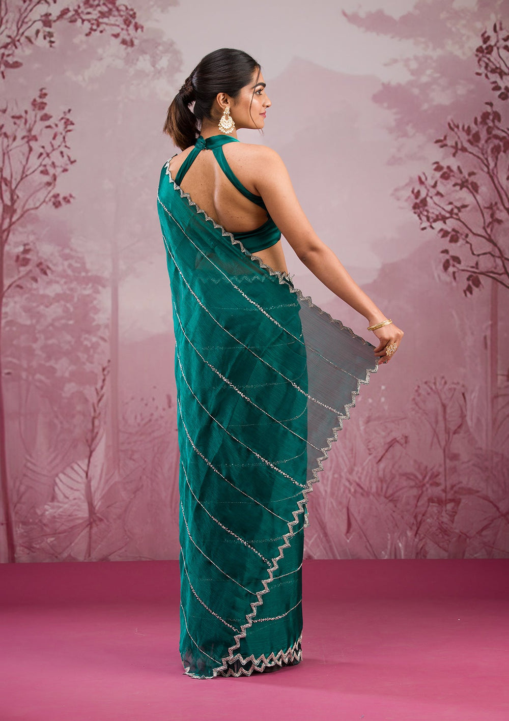 Peacock Green Cutdana Georgette Saree-Koskii