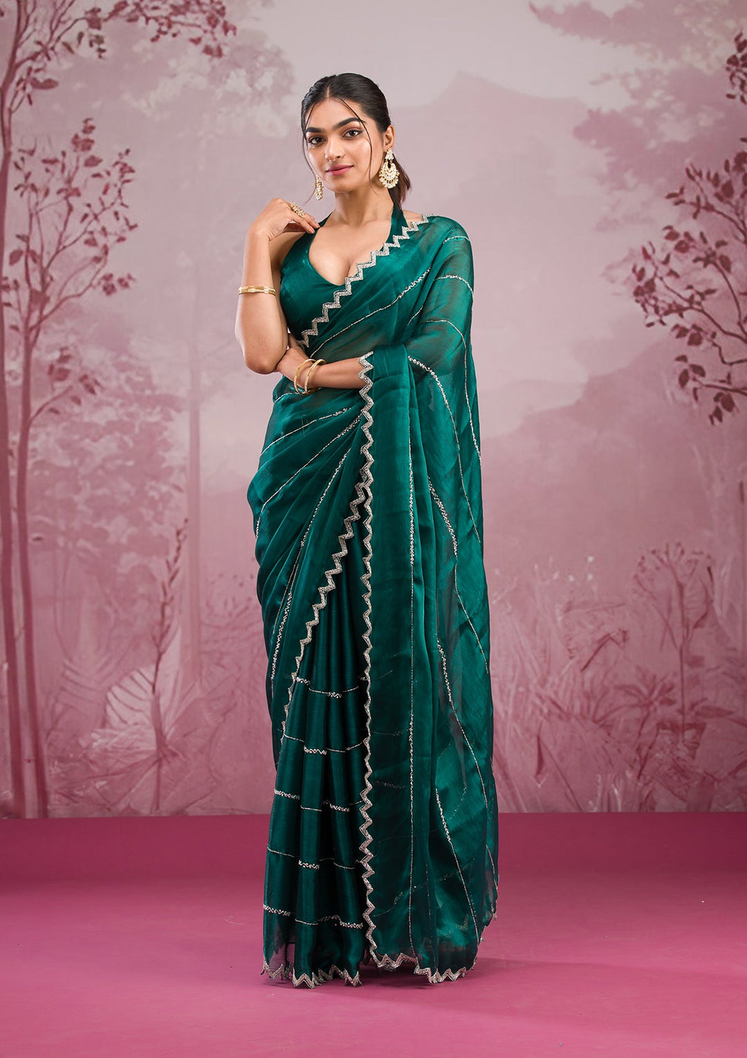 Peacock Green Cutdana Georgette Saree-Koskii