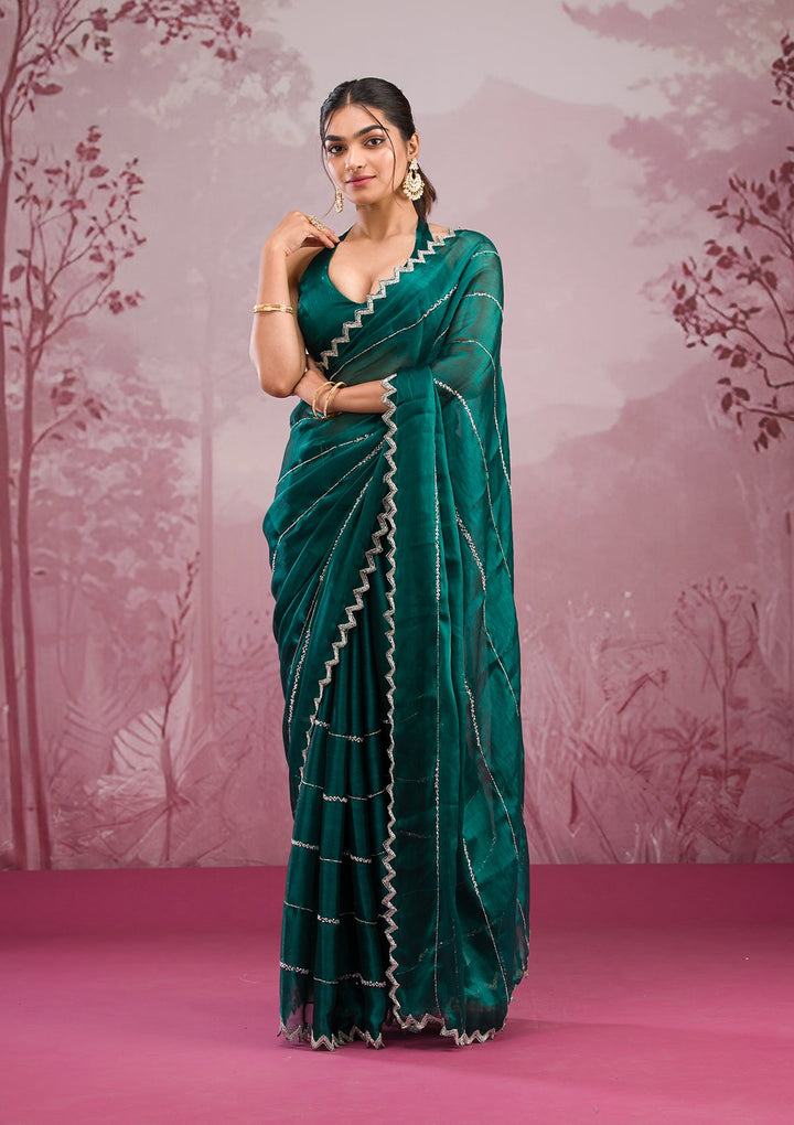 Peacock Green Cutdana Georgette Saree-Koskii