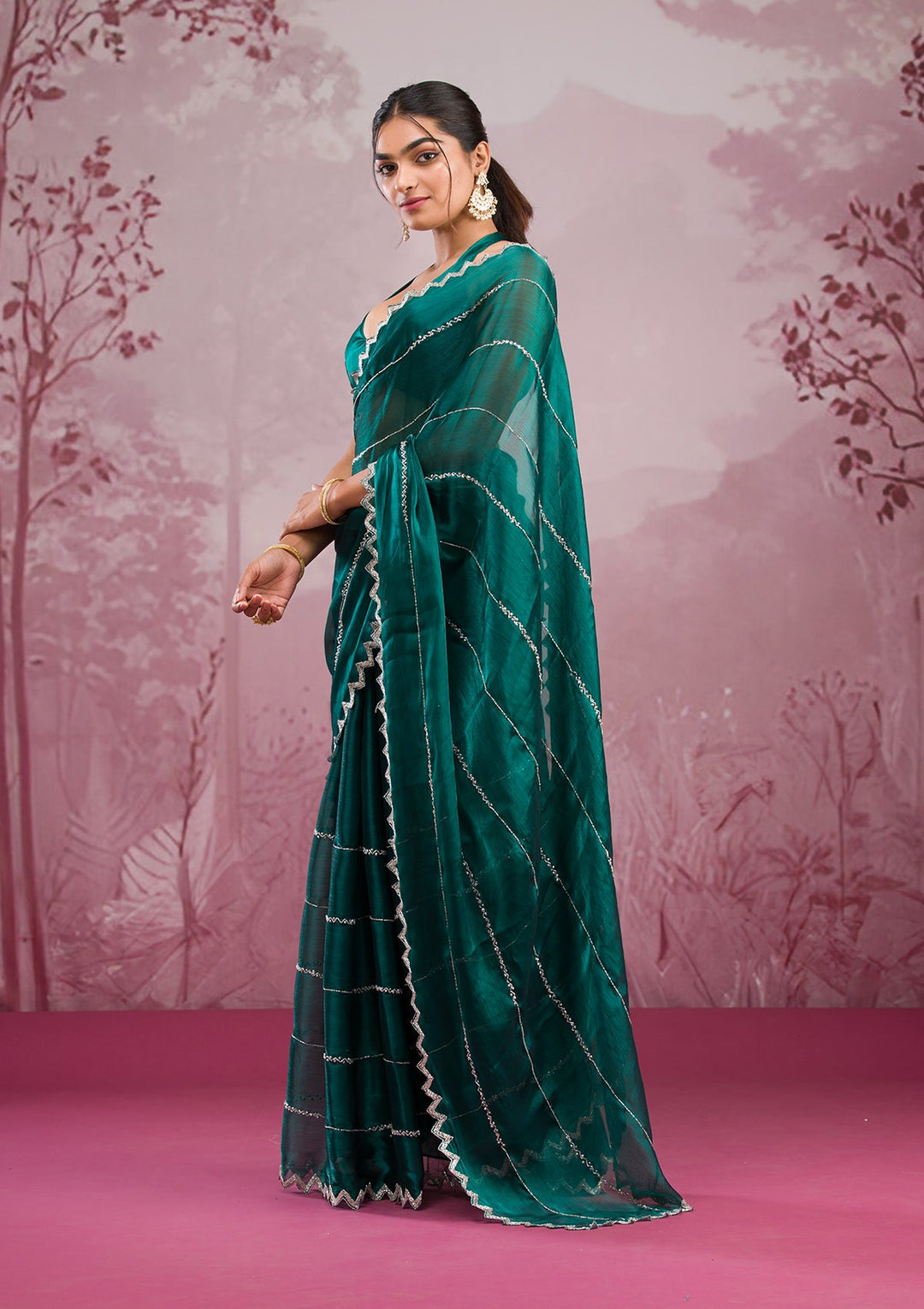 Peacock Green Cutdana Georgette Saree-Koskii
