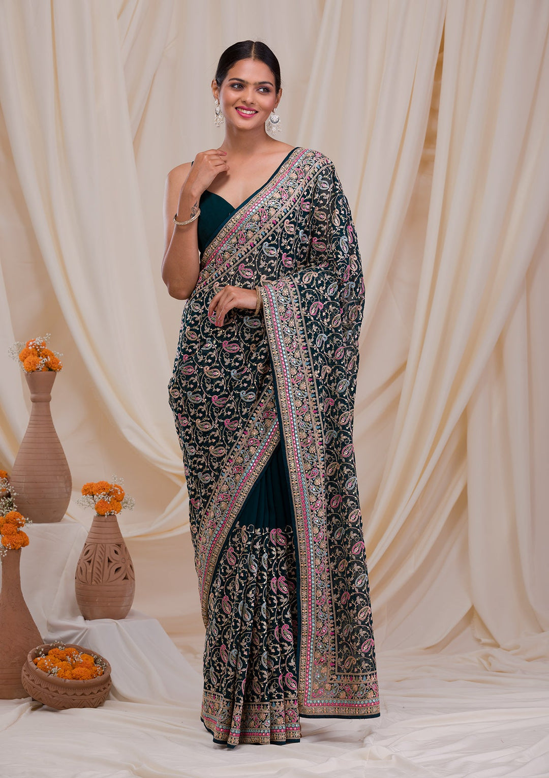Peacock Green Threadwork Georgette Saree-Koskii