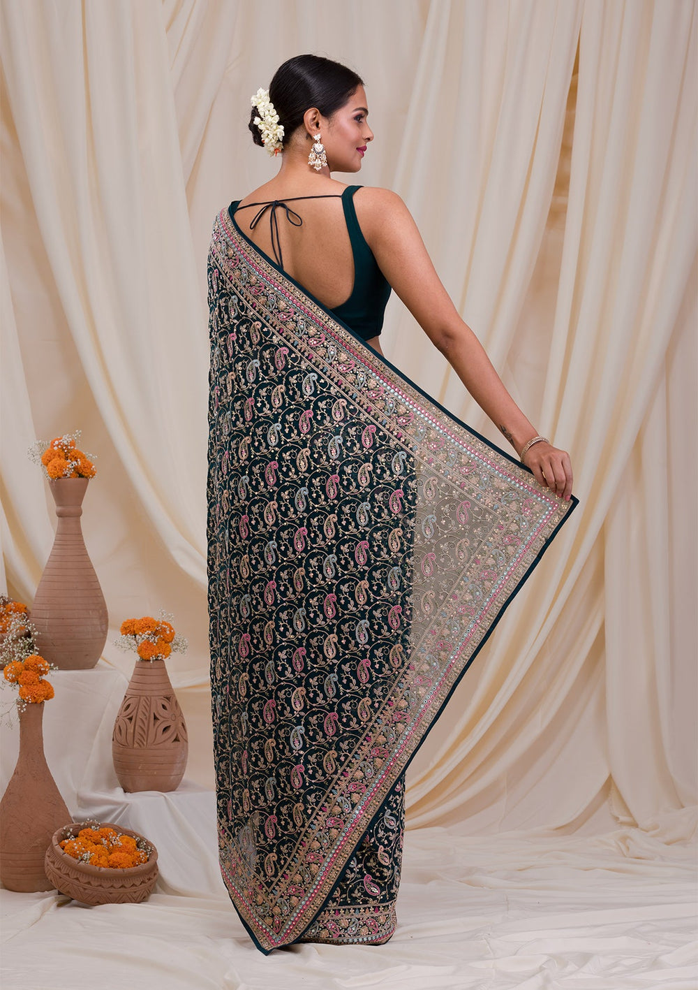 Peacock Green Threadwork Georgette Saree-Koskii
