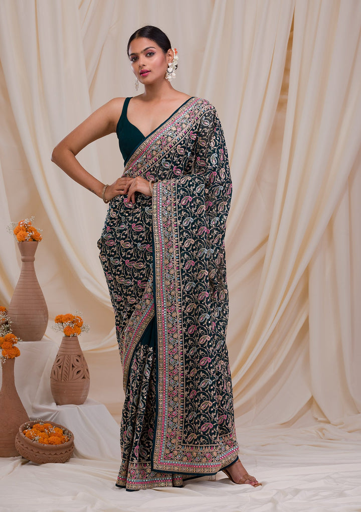 Peacock Green Threadwork Georgette Saree-Koskii