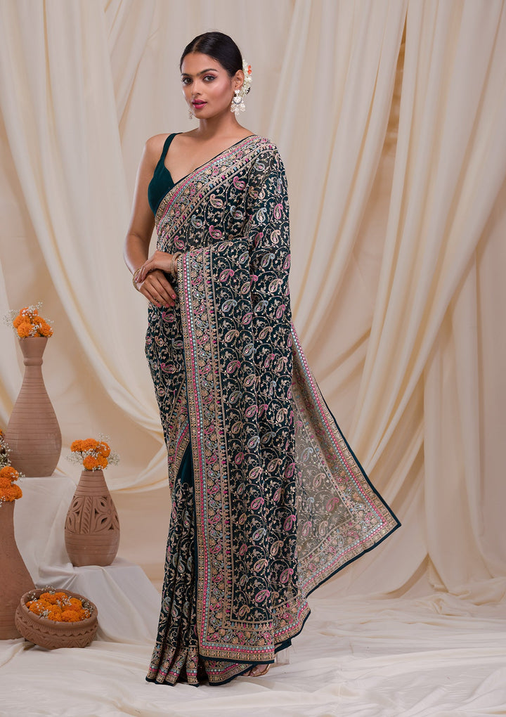 Peacock Green Threadwork Georgette Saree-Koskii