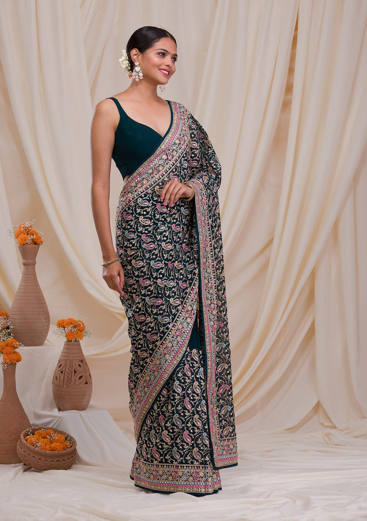 Peacock Green Threadwork Georgette Saree-Koskii