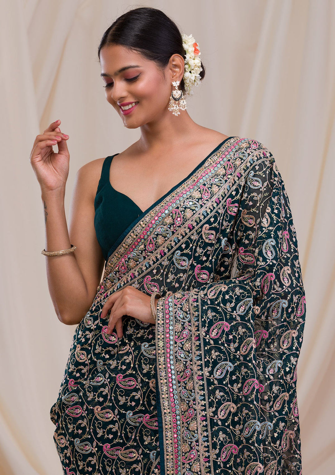 Peacock Green Threadwork Georgette Saree-Koskii
