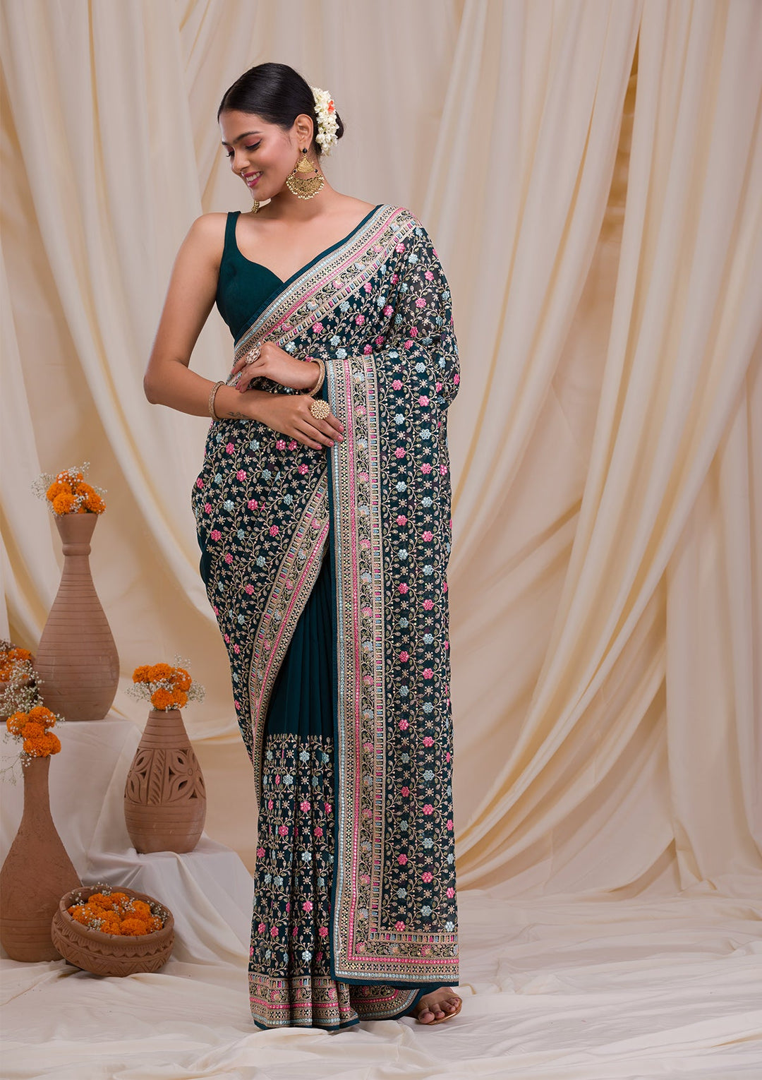 Peacock Green Threadwork Georgette Saree-Koskii