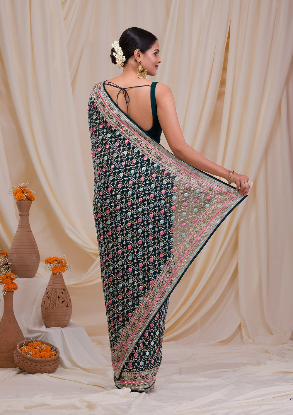 Peacock Green Threadwork Georgette Saree-Koskii