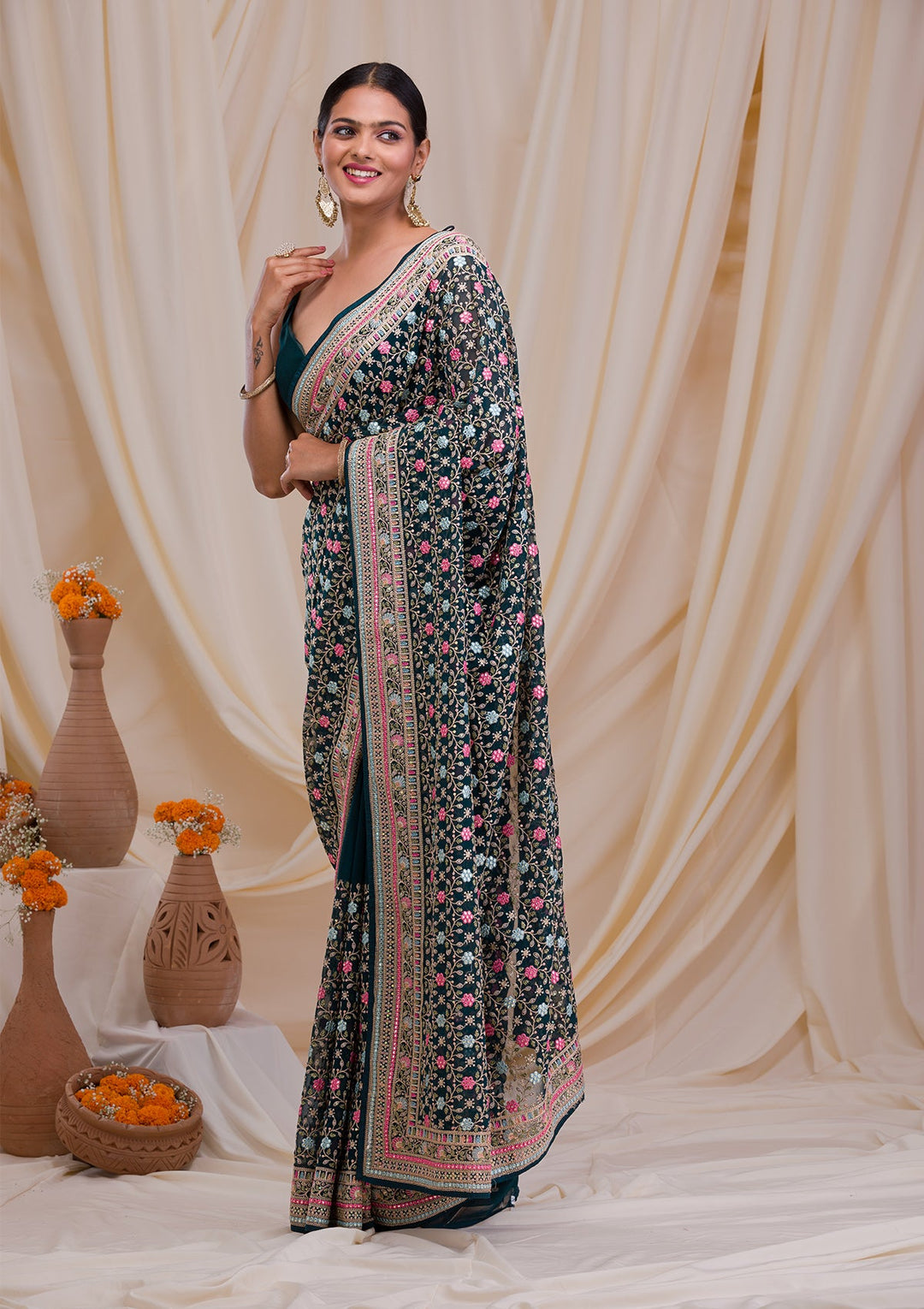 Peacock Green Threadwork Georgette Saree-Koskii
