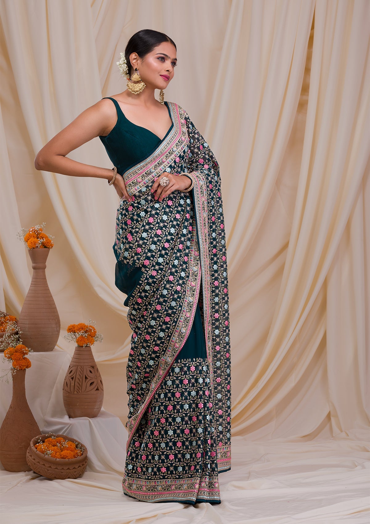 Peacock Green Threadwork Georgette Saree-Koskii