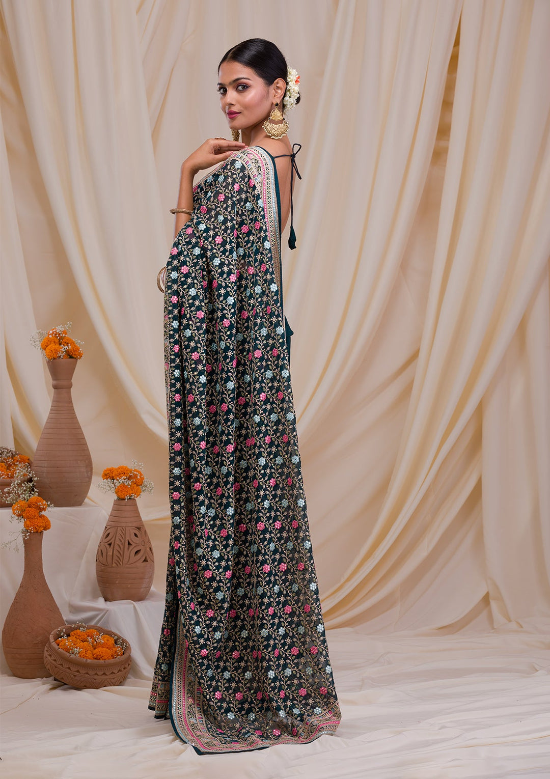 Peacock Green Threadwork Georgette Saree-Koskii