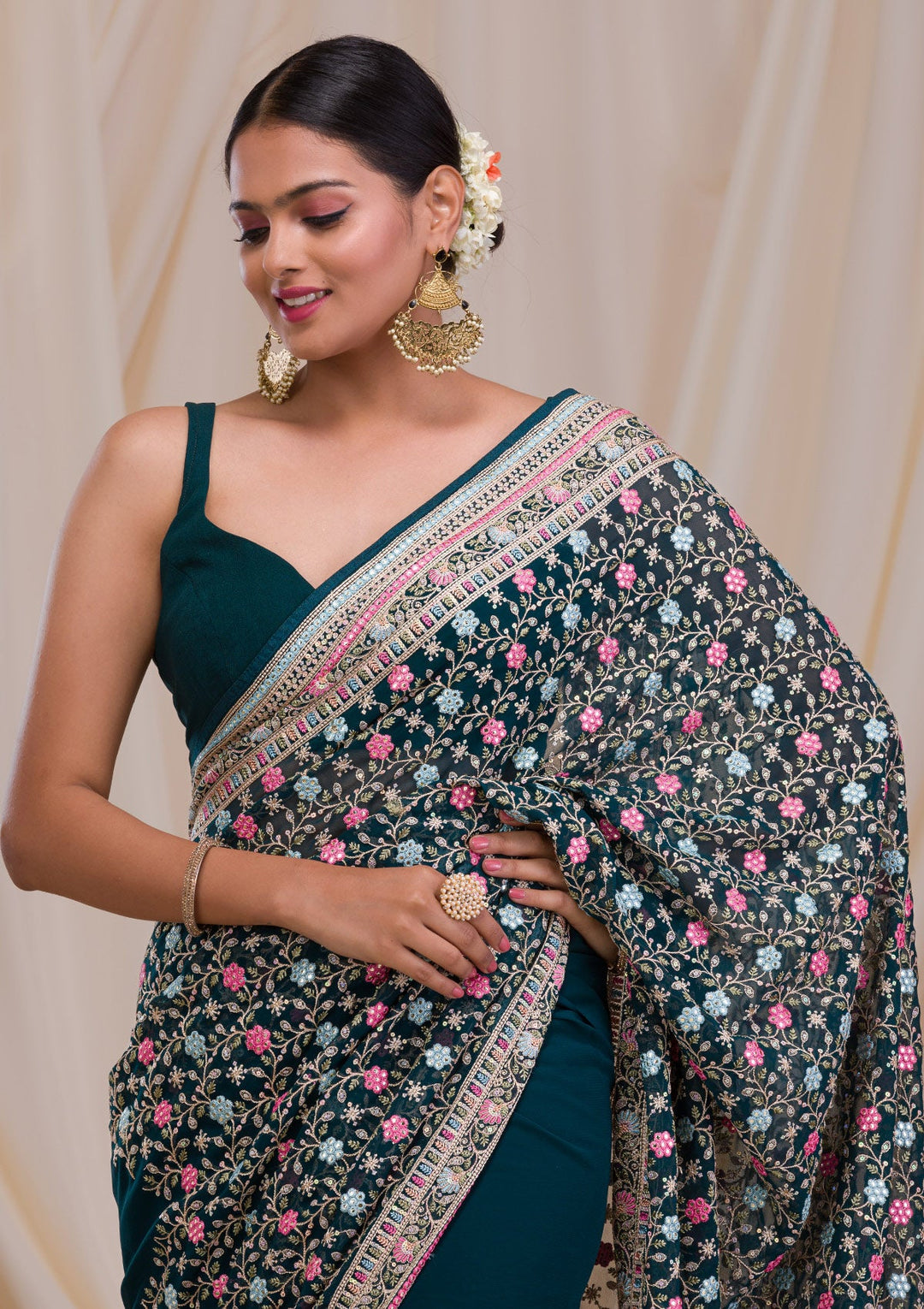 Peacock Green Threadwork Georgette Saree-Koskii