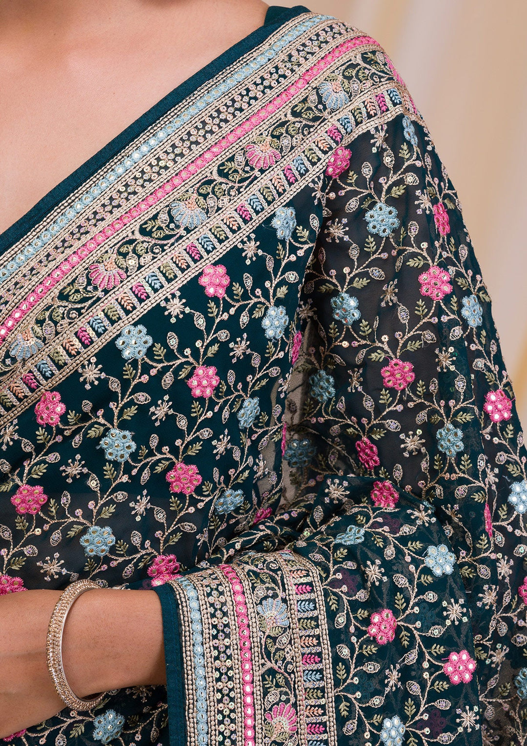 Peacock Green Threadwork Georgette Saree-Koskii