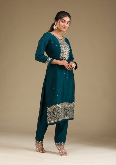 Peacock Green Zariwork Art Silk Readymade Salwar Suit-Koskii