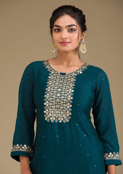 Peacock Green Zariwork Art Silk Readymade Salwar Suit-Koskii