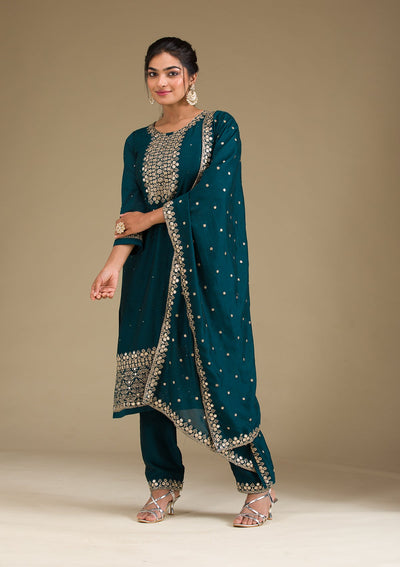 Peacock Green Zariwork Art Silk Readymade Salwar Suit-Koskii