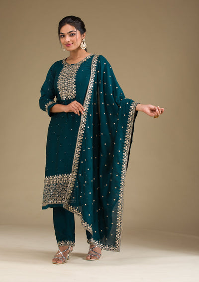 Peacock Green Zariwork Art Silk Readymade Salwar Suit-Koskii