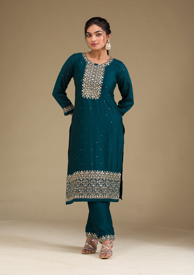 Peacock Green Zariwork Art Silk Readymade Salwar Suit-Koskii