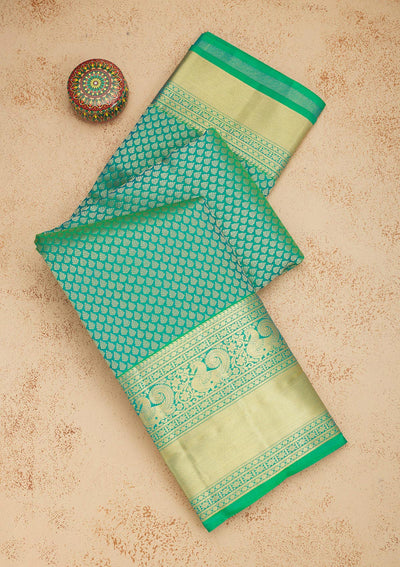 Peacock Green Zariwork Pure Silk Saree-Koskii