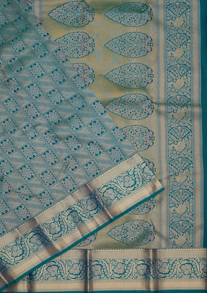 Peacock Green Zariwork Pure Silk Saree-Koskii