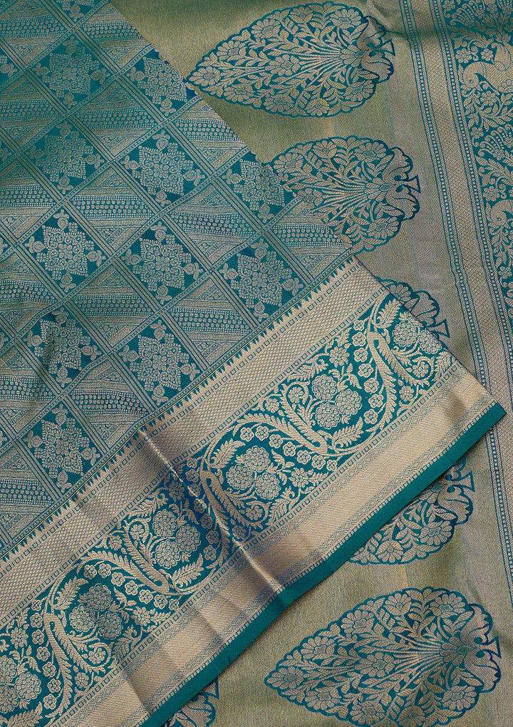 Peacock Green Zariwork Pure Silk Saree-Koskii