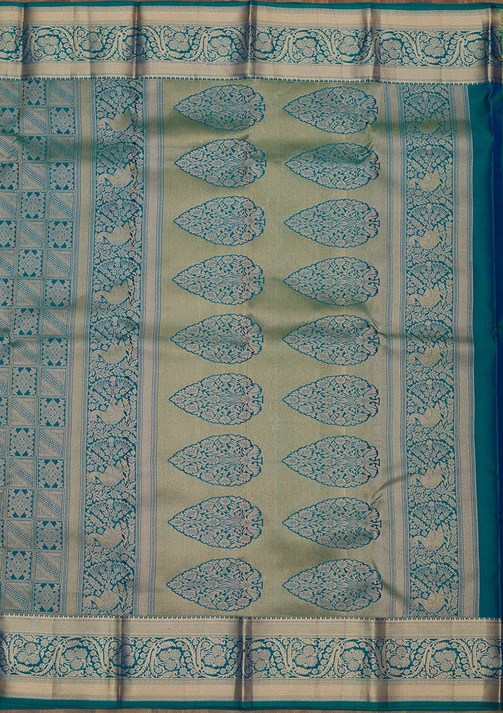 Peacock Green Zariwork Pure Silk Saree-Koskii