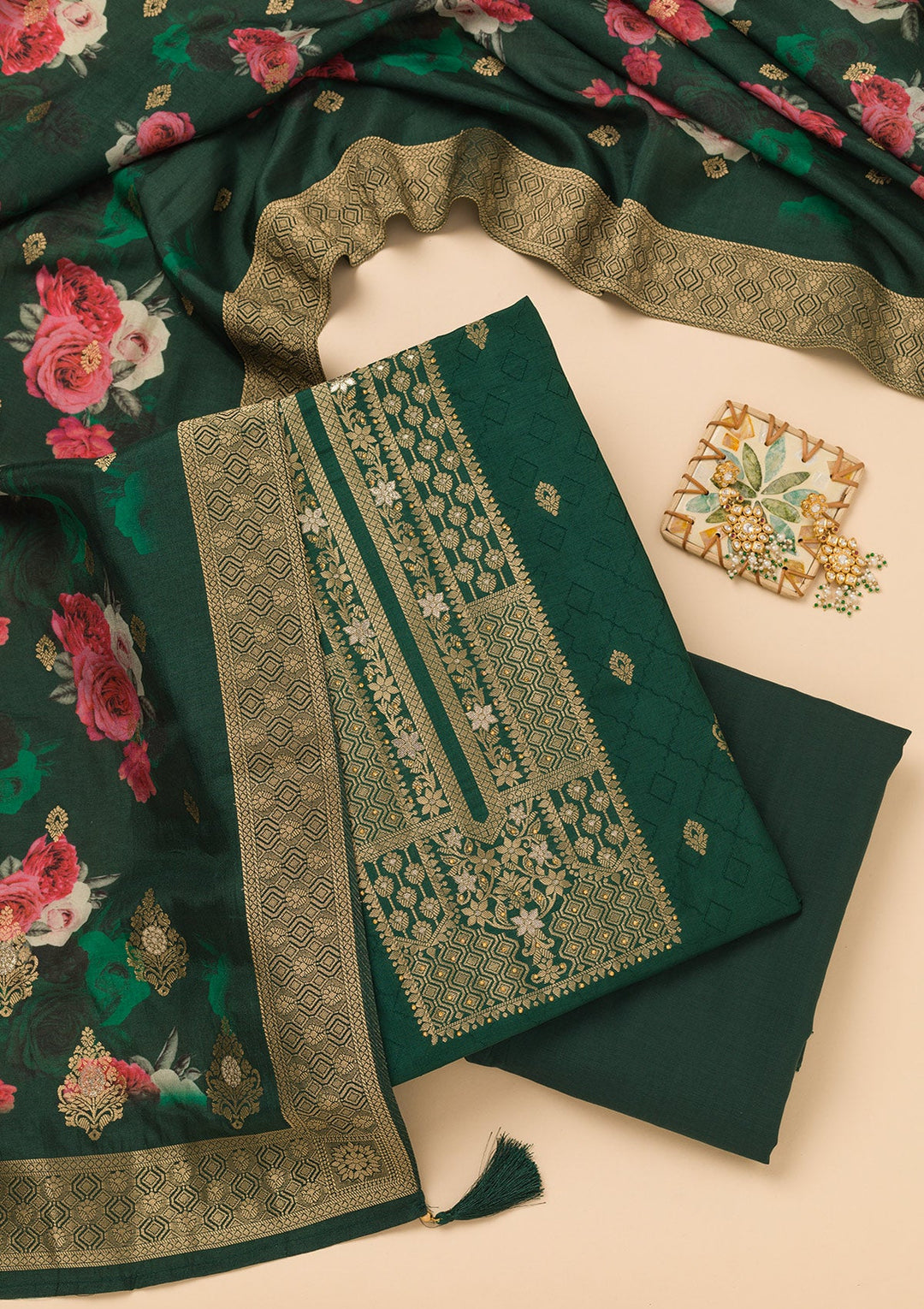 Peacock Green Zariwork Semi Crepe Unstitched Salwar Suit-Koskii