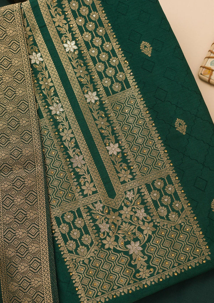 Peacock Green Zariwork Semi Crepe Unstitched Salwar Suit