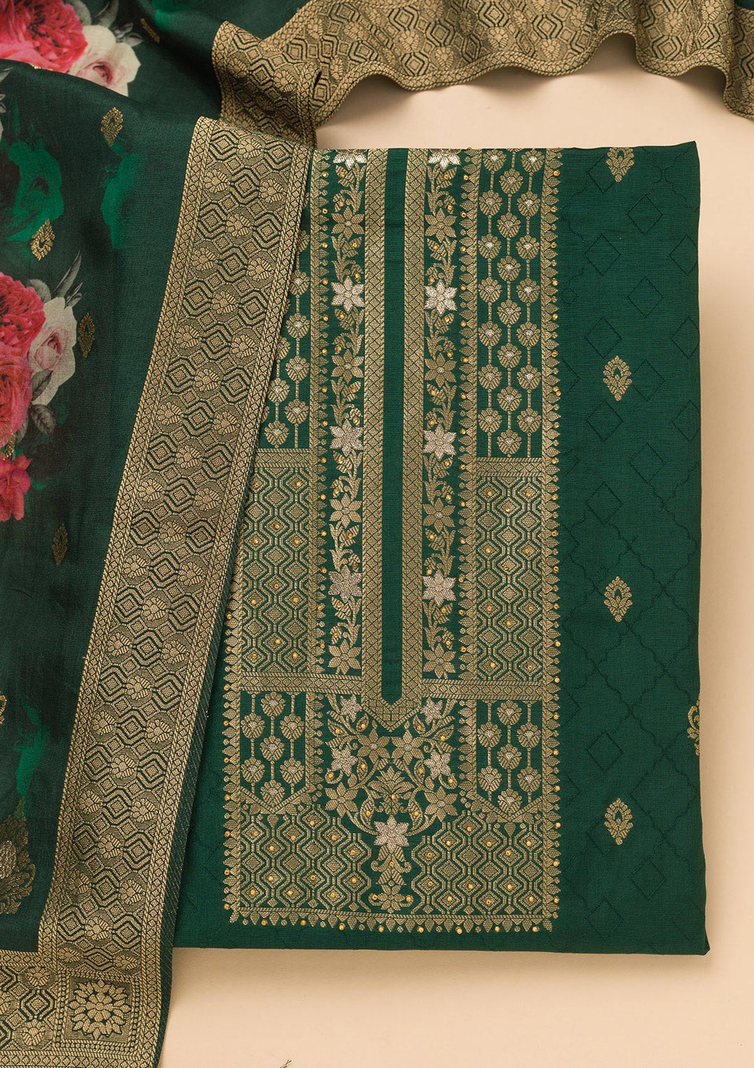 Peacock Green Zariwork Semi Crepe Unstitched Salwar Suit