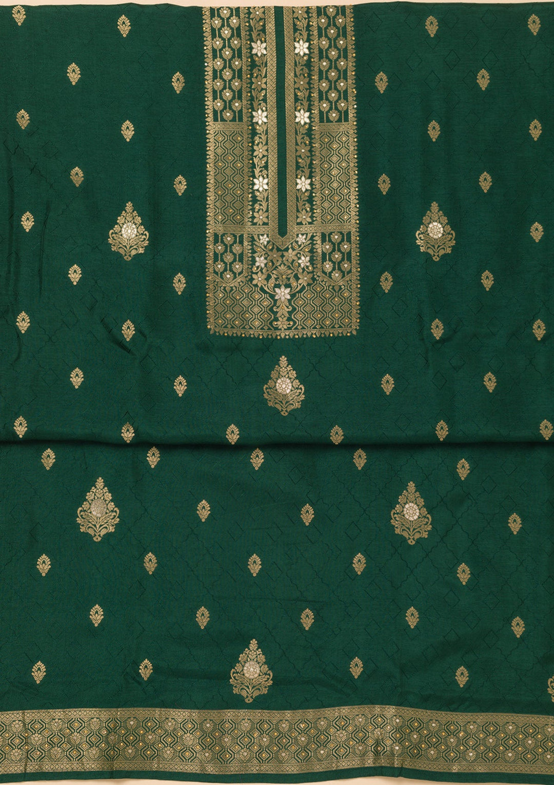 Peacock Green Zariwork Semi Crepe Unstitched Salwar Suit