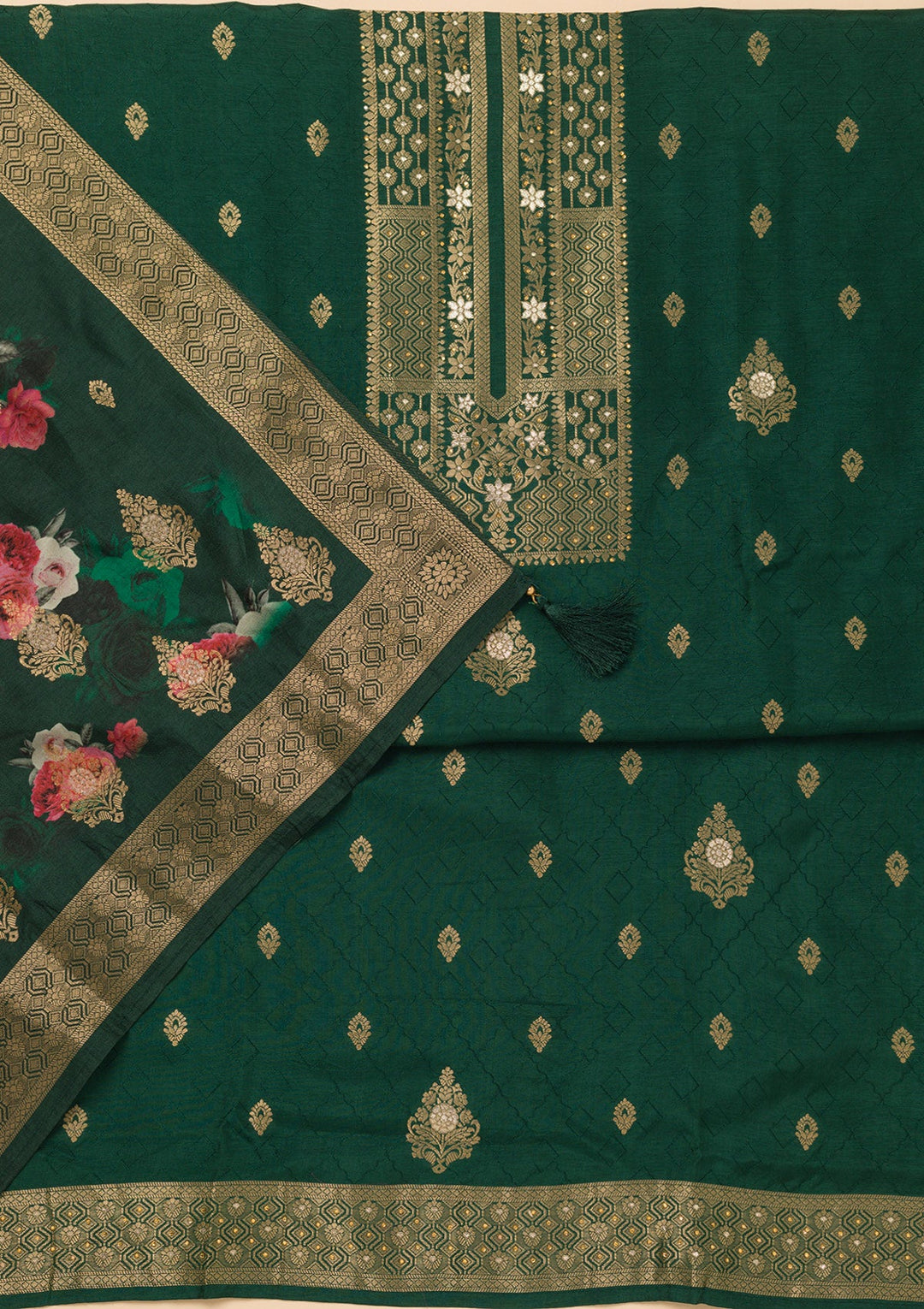 Peacock Green Zariwork Semi Crepe Unstitched Salwar Suit