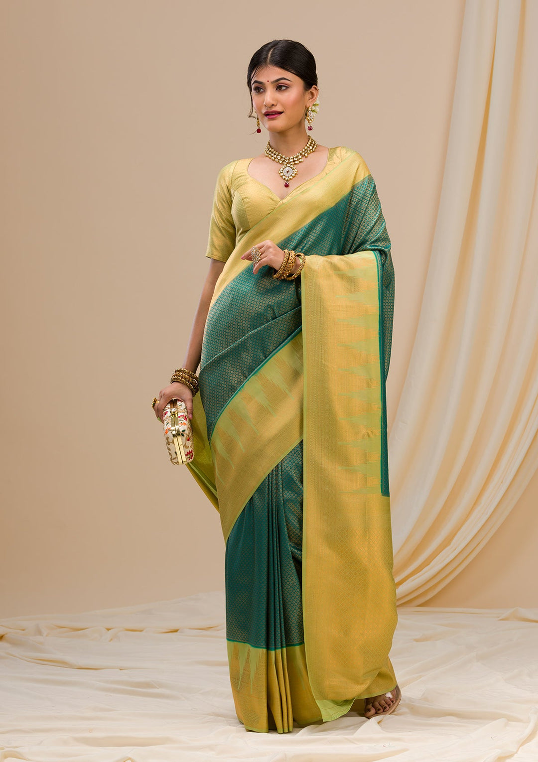 Peacock Green Zariwork Soft Silk Saree-Koskii