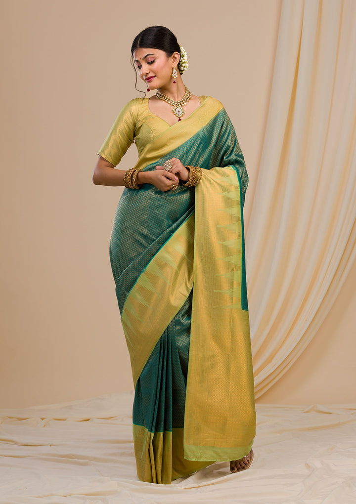 Peacock Green Zariwork Soft Silk Saree-Koskii