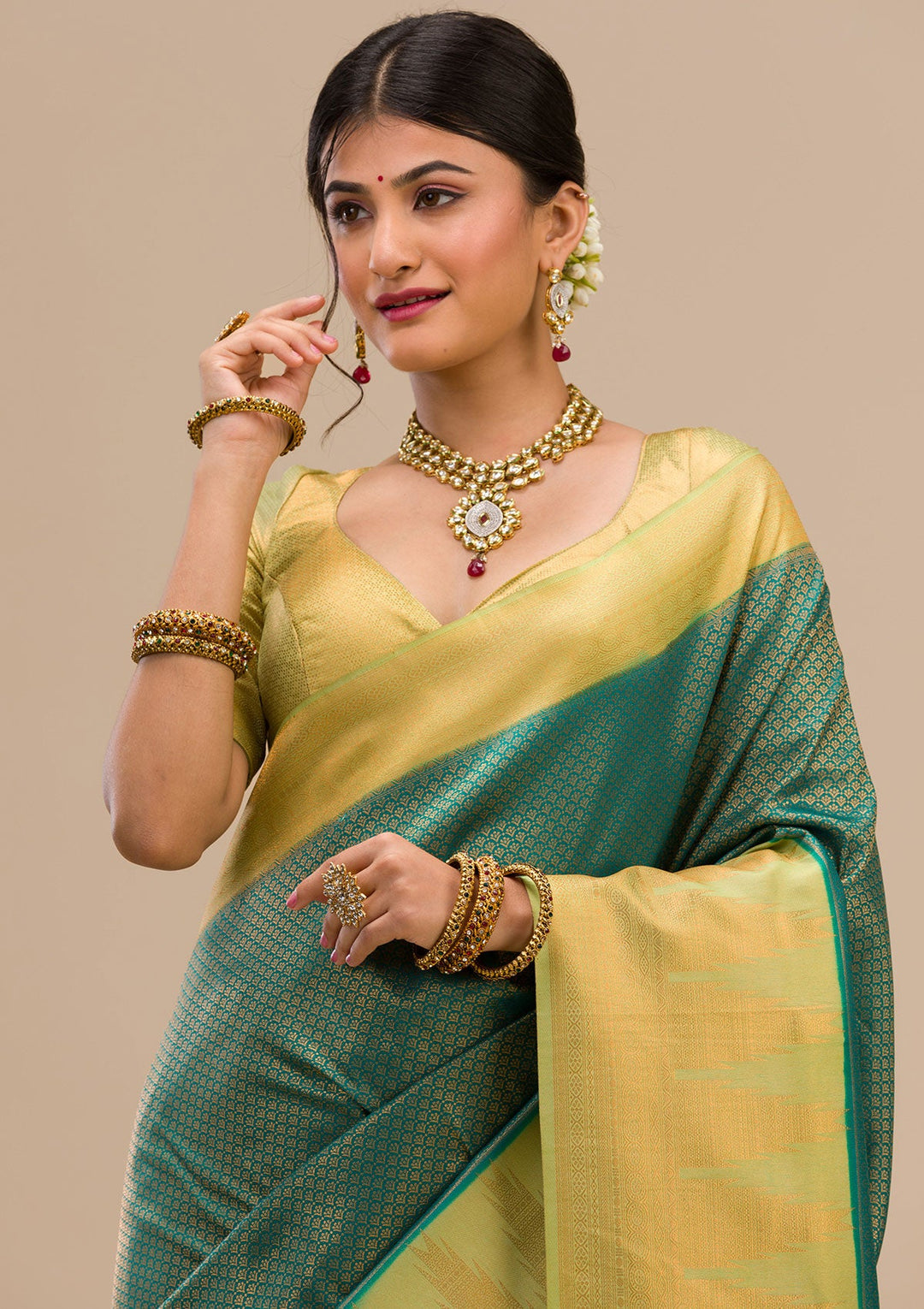 Peacock Green Zariwork Soft Silk Saree-Koskii