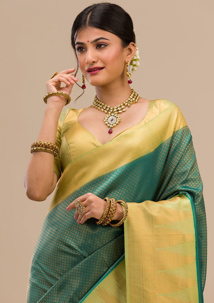 Peacock Green Zariwork Soft Silk Saree-Koskii
