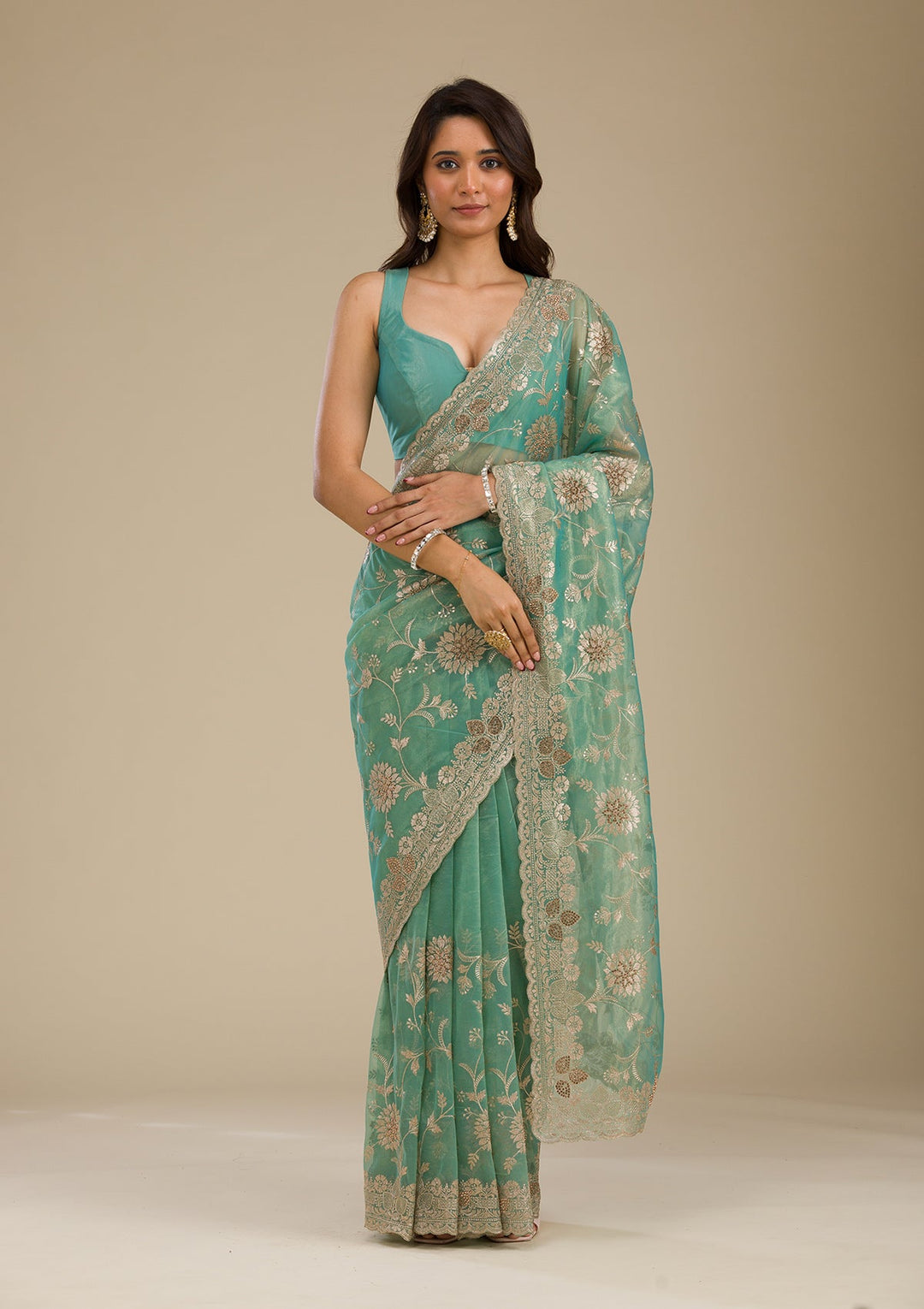 Sea Green Zariwork Tissue Saree-Koskii