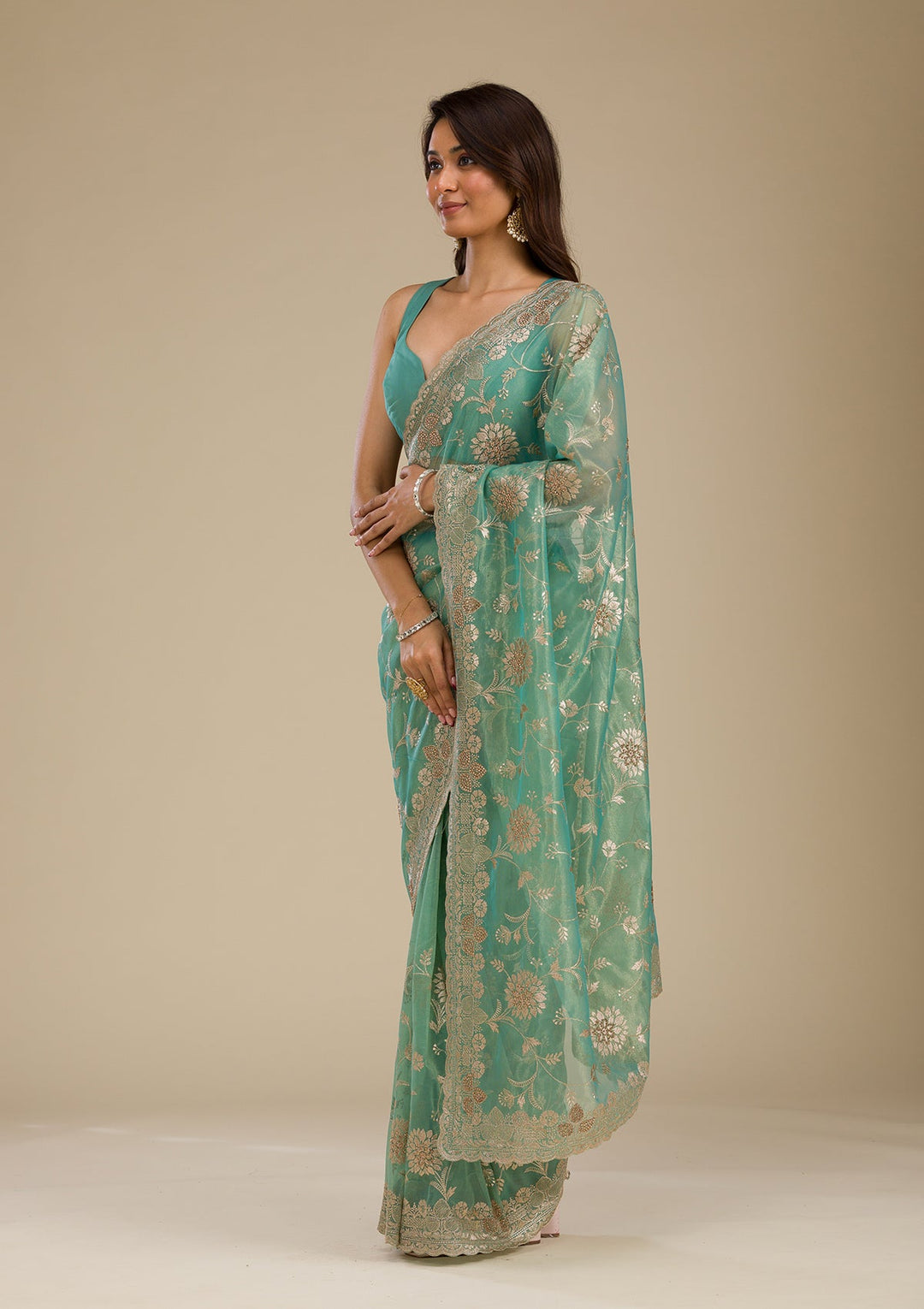 Sea Green Zariwork Tissue Saree-Koskii