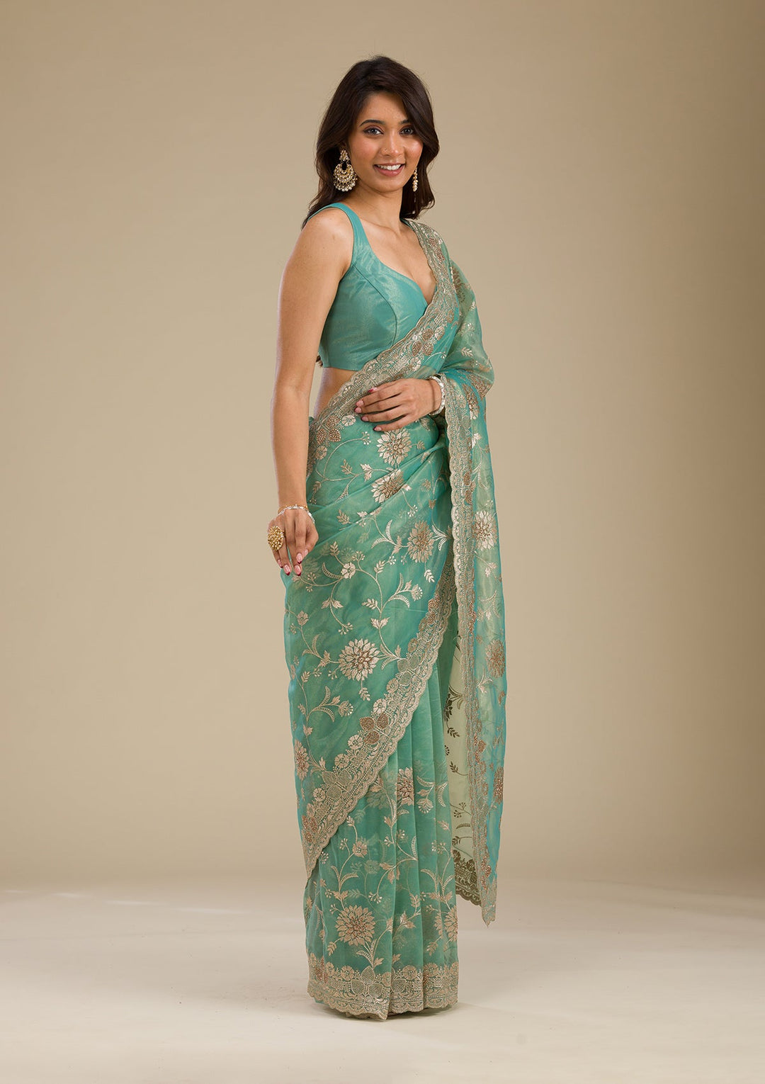 Sea Green Zariwork Tissue Saree-Koskii
